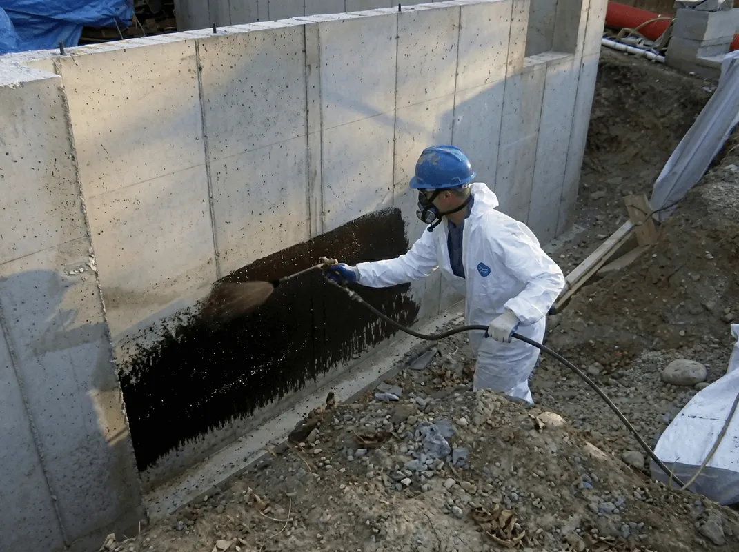 Professional waterproofing the exterior walls of the basement in Seattle, WA